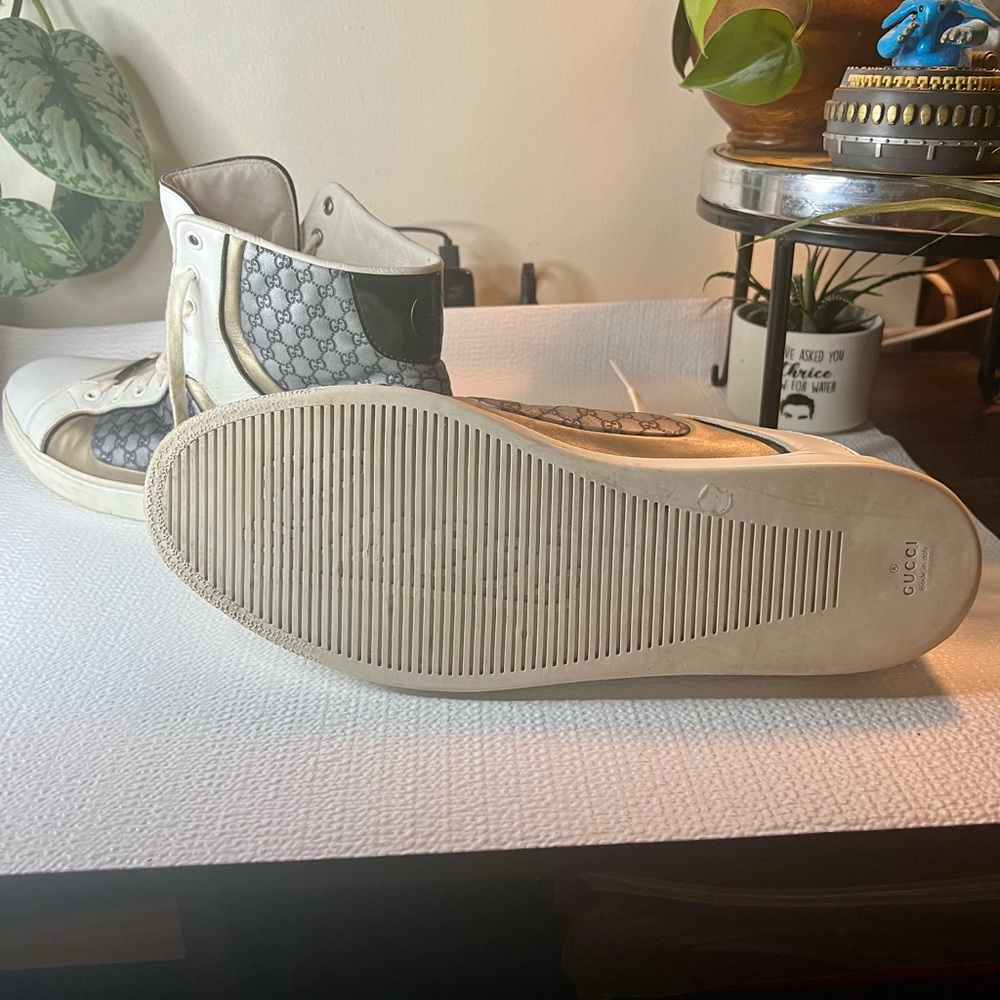 Gucci White and Gold High-Top Sneakers - Picture 2 of 8
